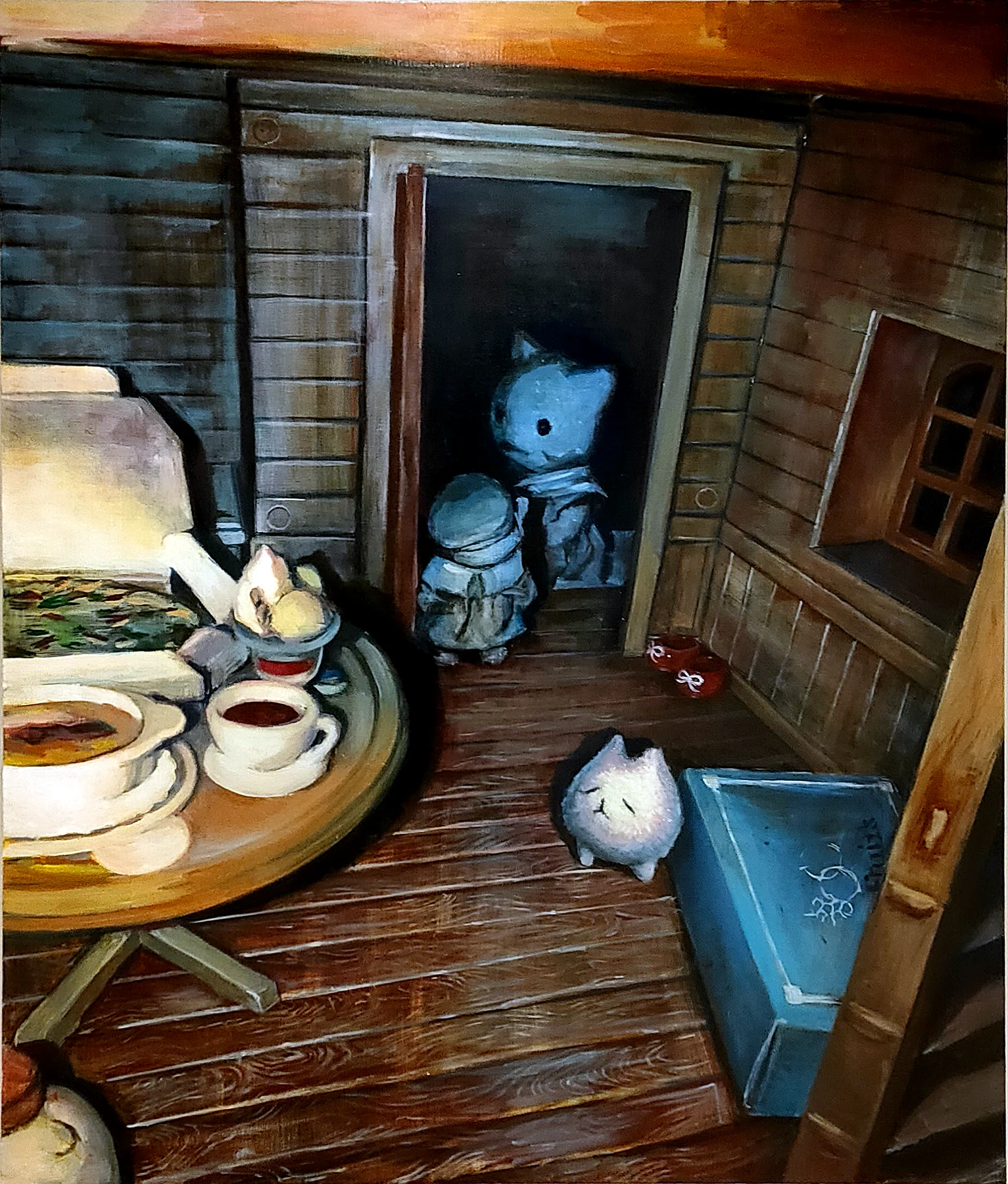 木の小部屋の中にいるしろいのを描いた油絵